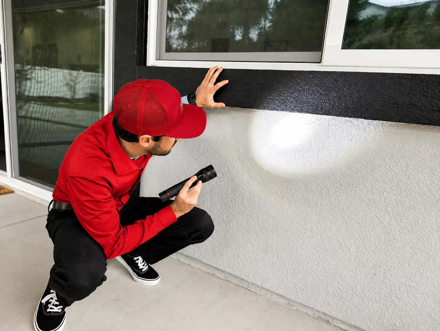 Man in a red cap and shirt crouches by a textured exterior wall, shining a flashlight at a window sill.