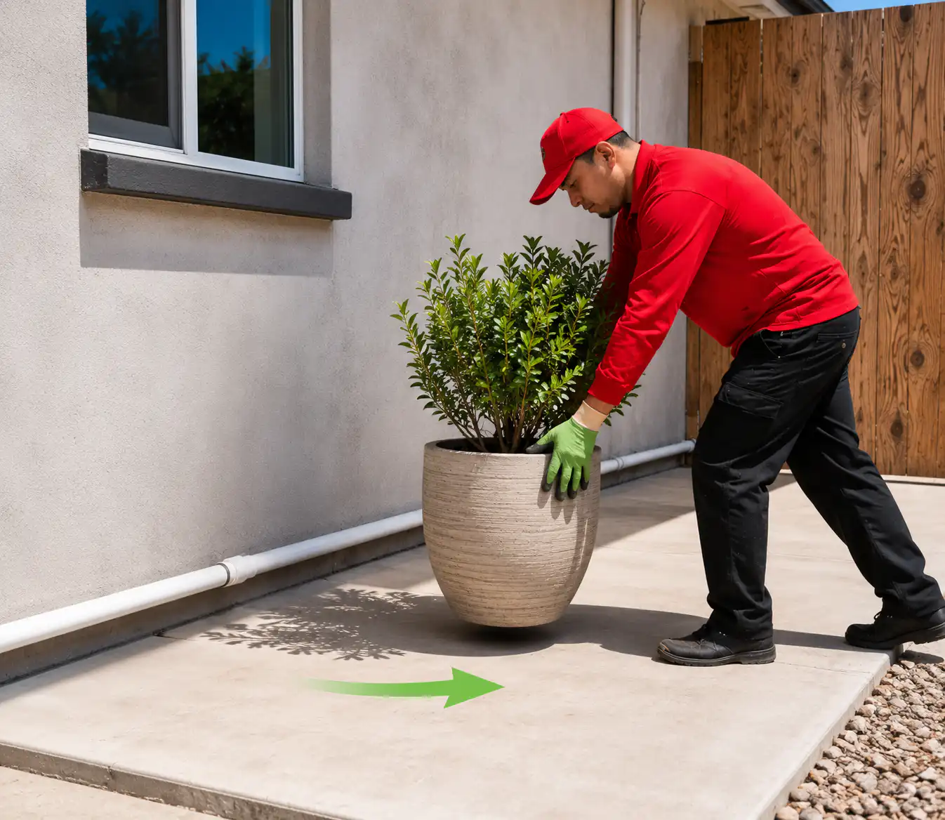 Worker in a red shirt and cap moves a large potted plant along a concrete patio.