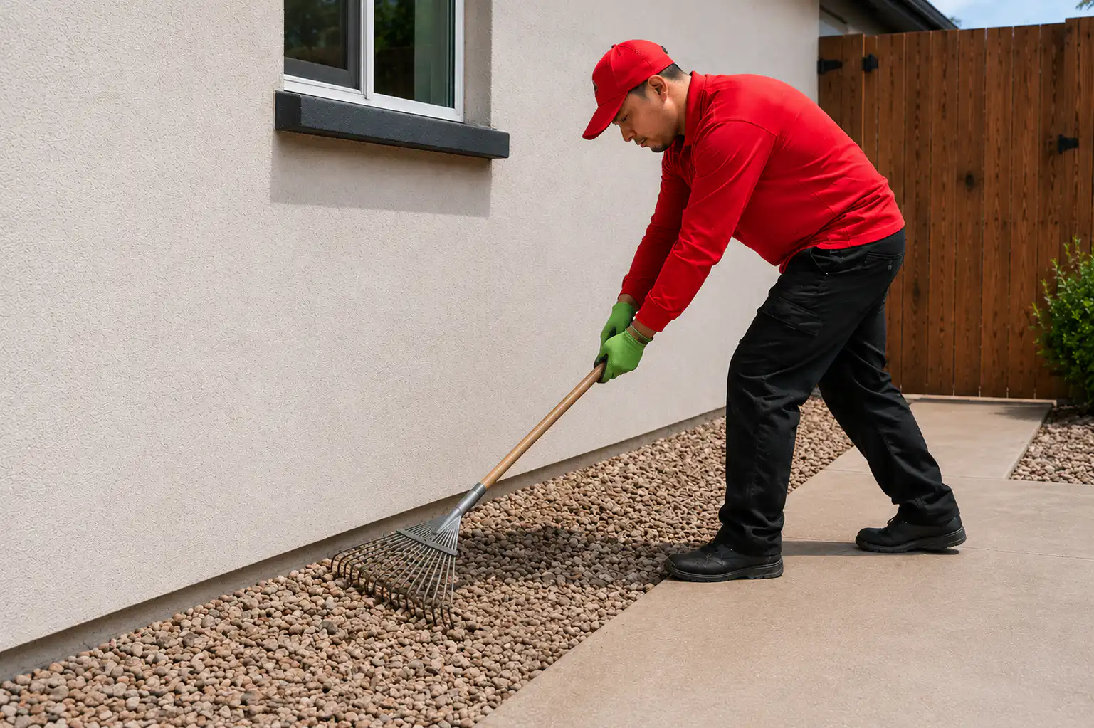 Man in a red shirt and cap rakes small gravel along the beige house wall with a wooden fence in the background.