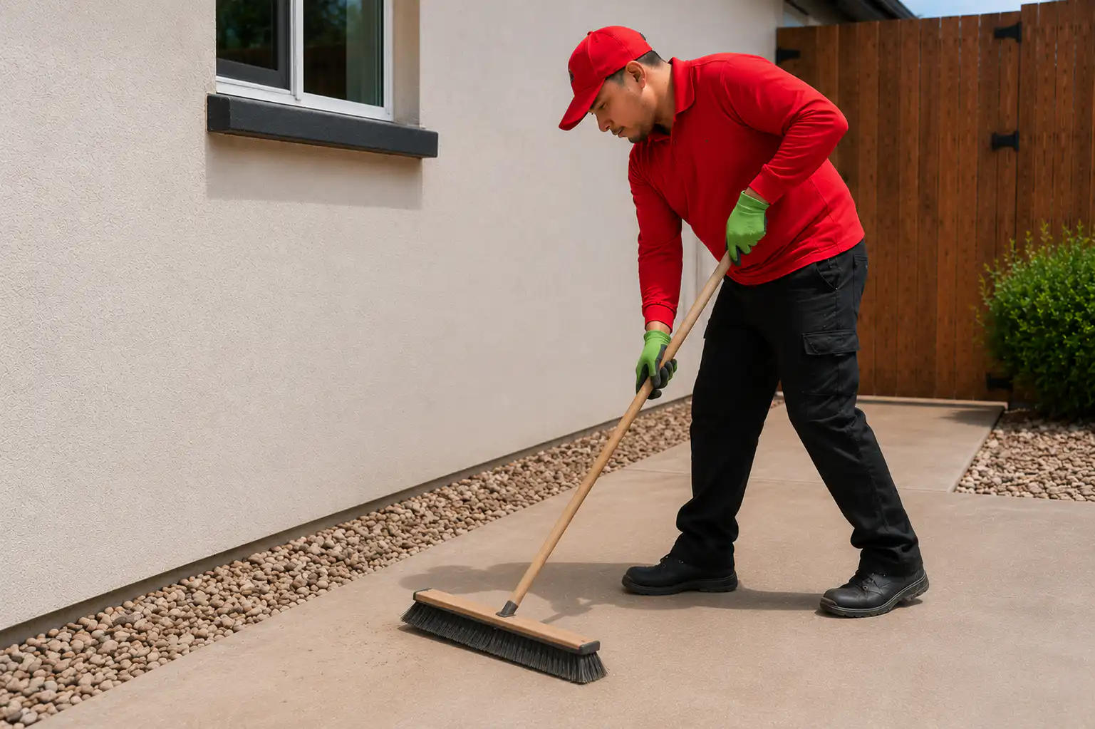 Man in a red shirt and cap sweeping a concrete patio with a push broom and green gloves beside a beige wall.