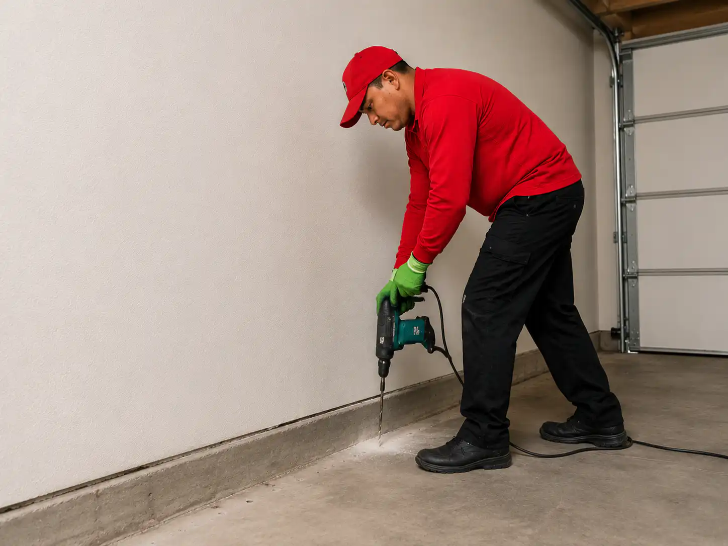 Maintenance worker in a red shirt and cap drills into concrete along the wall of a garage.
