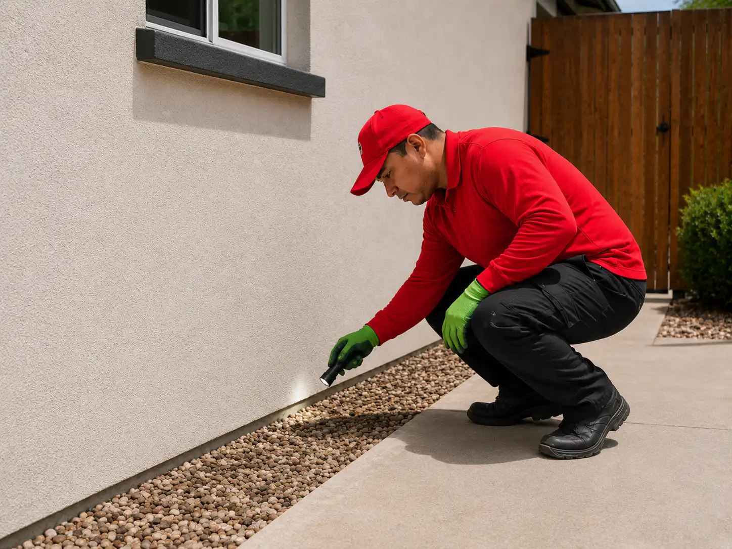 Arsenal Pest Control technician applying a perimeter pest treatment around a home in Queen Creek, Arizona.