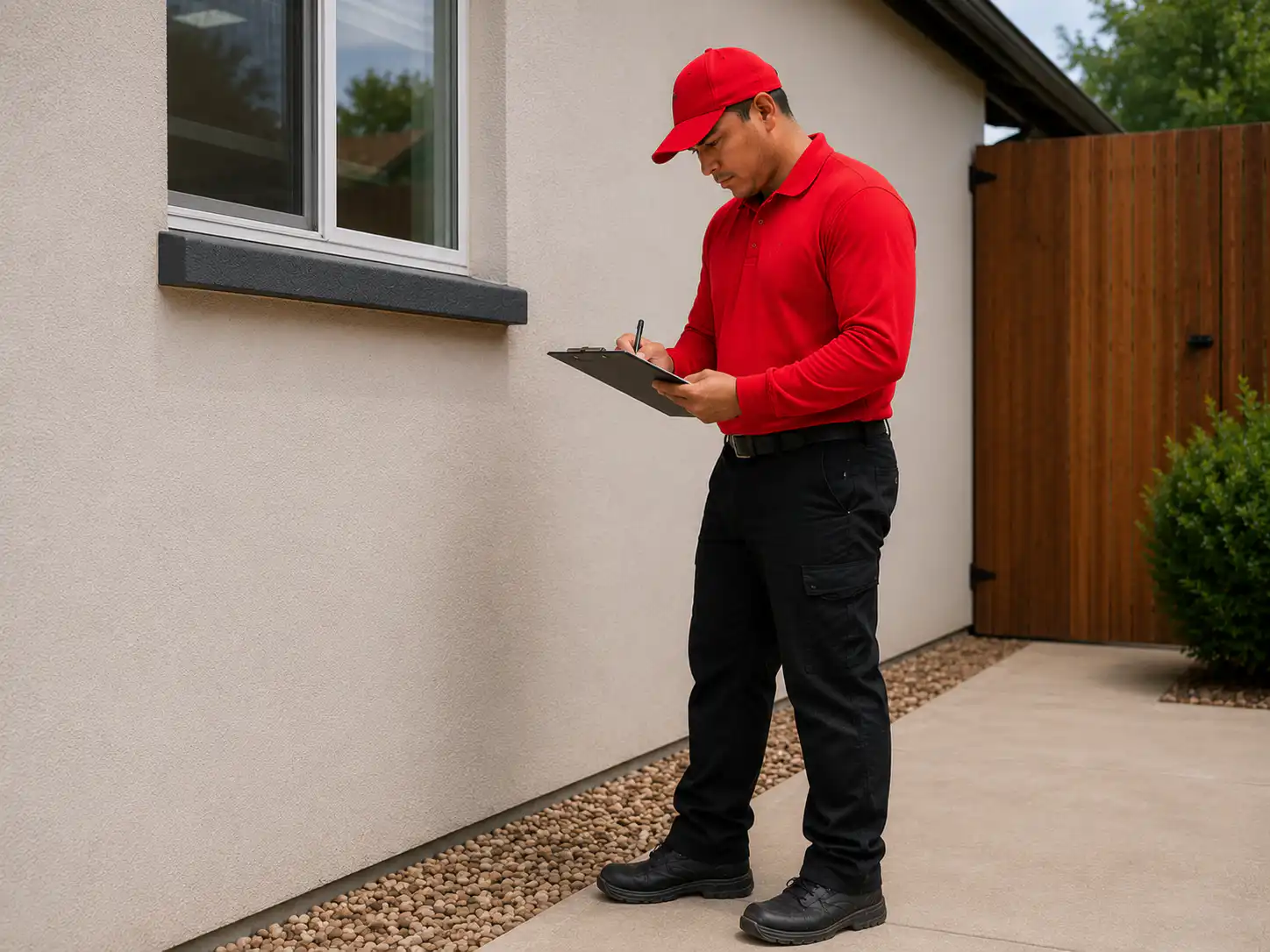Delivery worker in a red uniform writing on a clipboard beside a beige house with a wooden gate in the background.