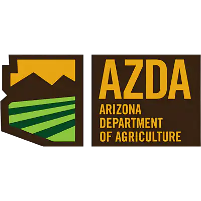 Arizona Department of Agriculture (AZDA) sign: left panel shows a yellow mountain silhouette over green fields; right panel reads 'AZDA' and 'Arizona Department of Agriculture' in yellow on a brown background.