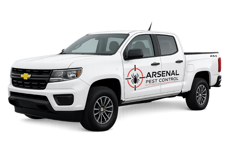 White pickup truck with Arsenal Pest Control logo and spider emblem on the door, suggesting pest control service.