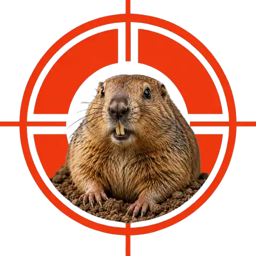 Prairie dog centered in a red crosshair target against a black background, with buck teeth visible.