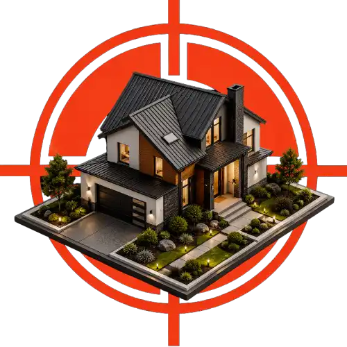 3D model of a modern two-story house on a platform with a bold red target behind it, highlighting a focused property asset.