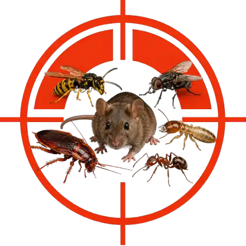 Mouse at center of a red crosshair target, surrounded by insects and pests (bees, wasps, cockroaches, ants) indicating pest control targeting both rodents and insects