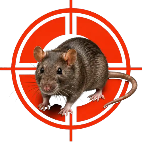 Brown rat centered inside a red circular target on a black background, implying being aimed at or targeted.