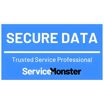 Blue security badge with white text: 'SECURE DATA', a white divider line, 'Trusted Service Professional', and the ServiceMonster logo.
