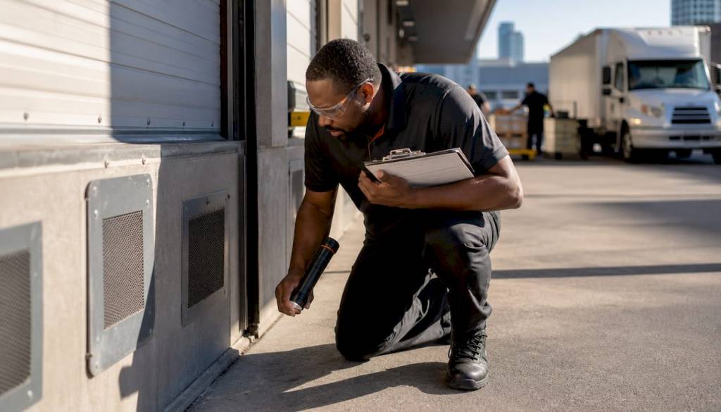 Facility manager inspecting commercial building exterior for pests