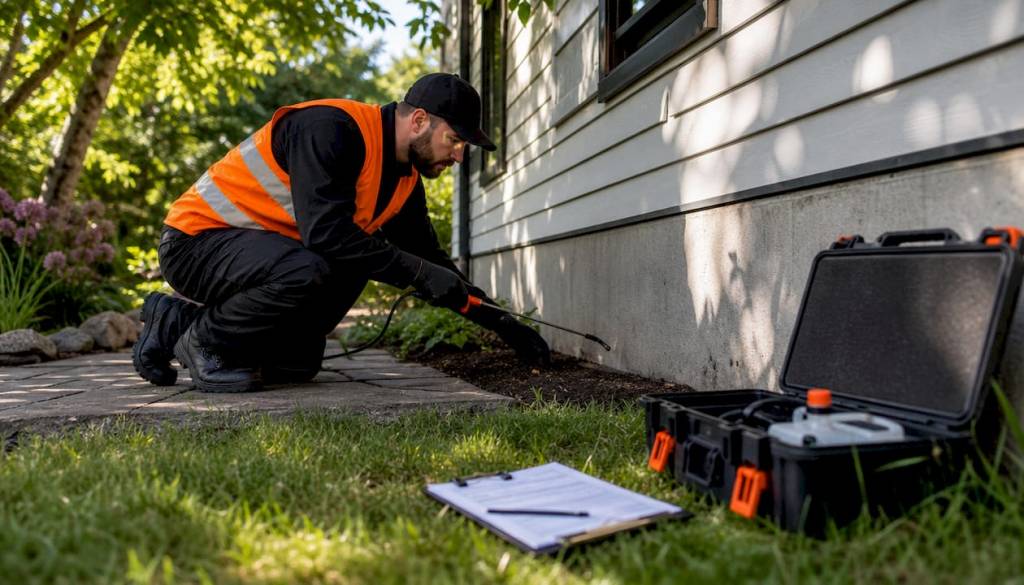 Technician applying perimeter pest treatment at home foundation