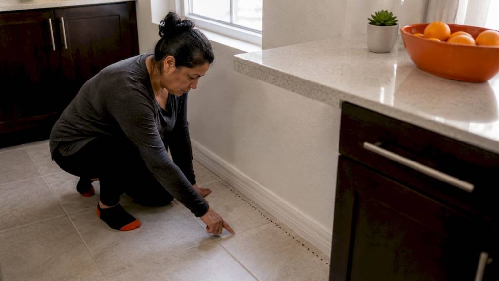 Homeowner inspecting ants near baseboard