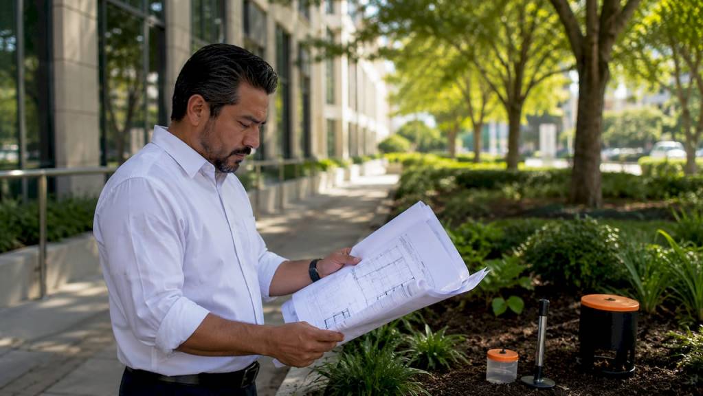 Property manager reviewing termite treatment plans outdoors