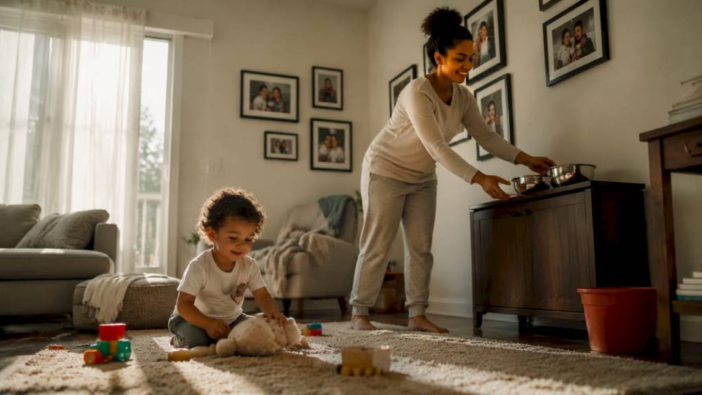 Mother and toddler preparing kitchen for pest control
