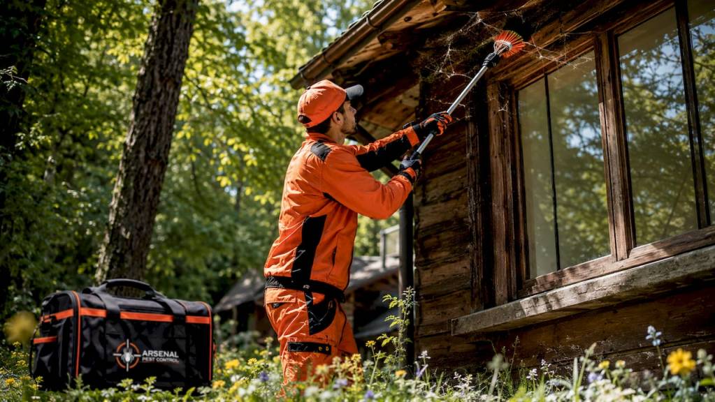 Technician removing spider webs outside house