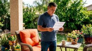 Man reading pest control treatment report at kitchen table