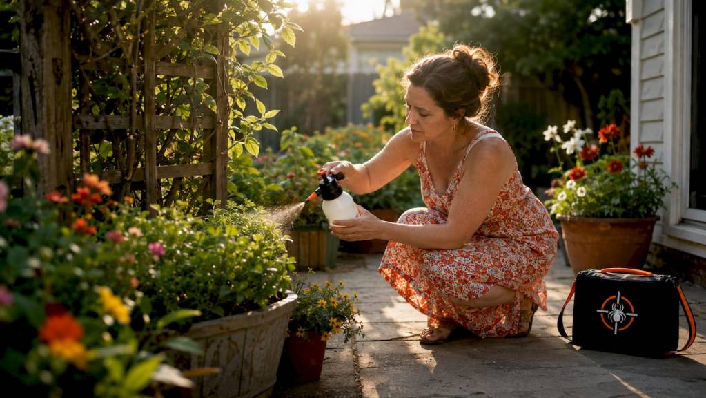 Homeowner applying eco-friendly pest control outdoors