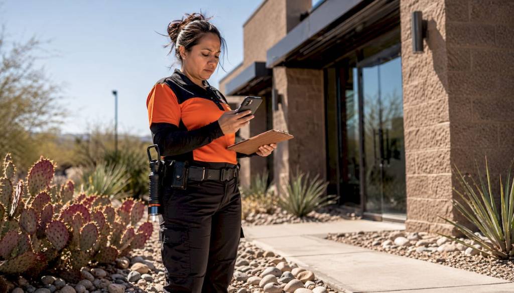 Technician inspecting commercial building exterior