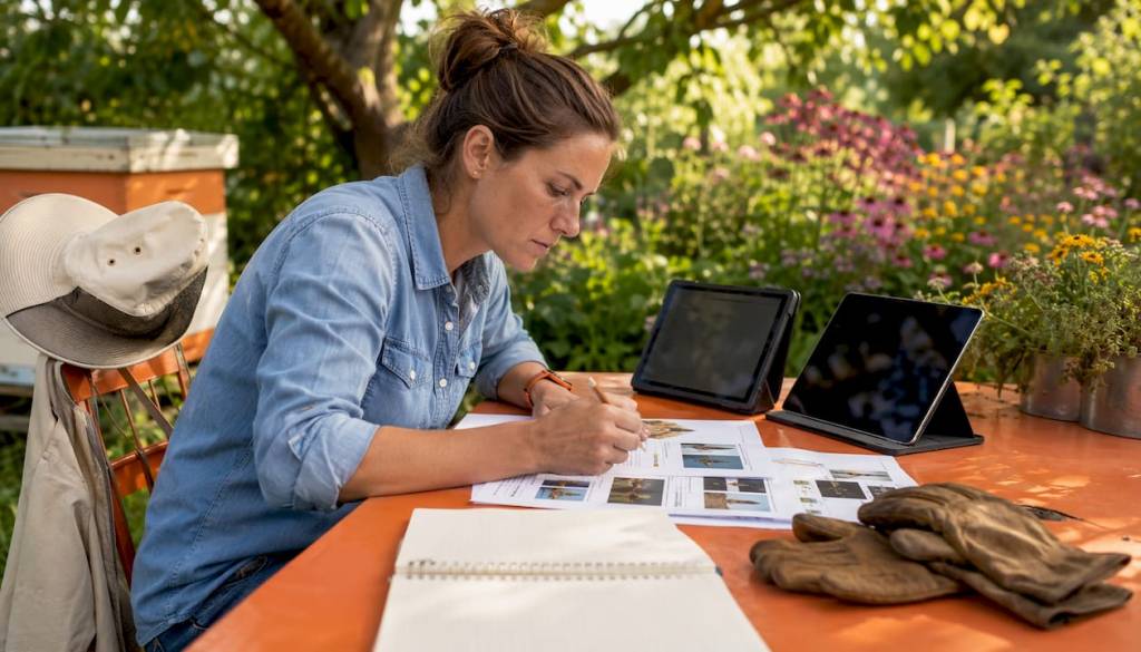 Beekeeper researching alternatives at outdoor table