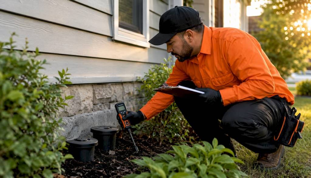 Technician inspecting termite bait stations at home
