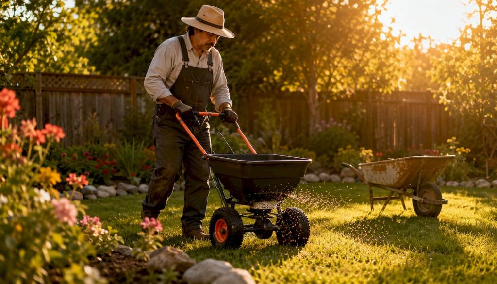 Man spreading granular bait on lawn outdoor yard