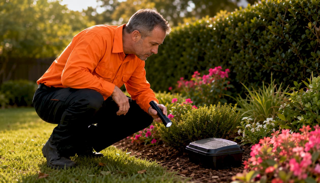 Technician inspecting rat bait stations in garage