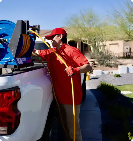 Worker in a red uniform and cap attaches a yellow hose to a blue hose reel mounted on the back of a white pickup truck.