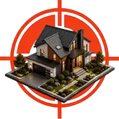 hoa-pest-control-arsenalexterminating - Arsenal Pest Control - Arsenal Pest Control Isometric illustration of a modern two-story house inside a red target/crosshair, emphasizing focus on home or property.