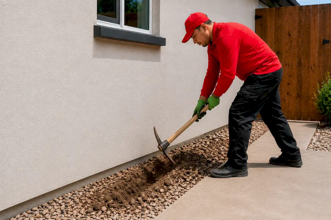 Arsenal Pest Control technician digging a termite treatment trench around a home's foundation in Queen Creek, Arizona.