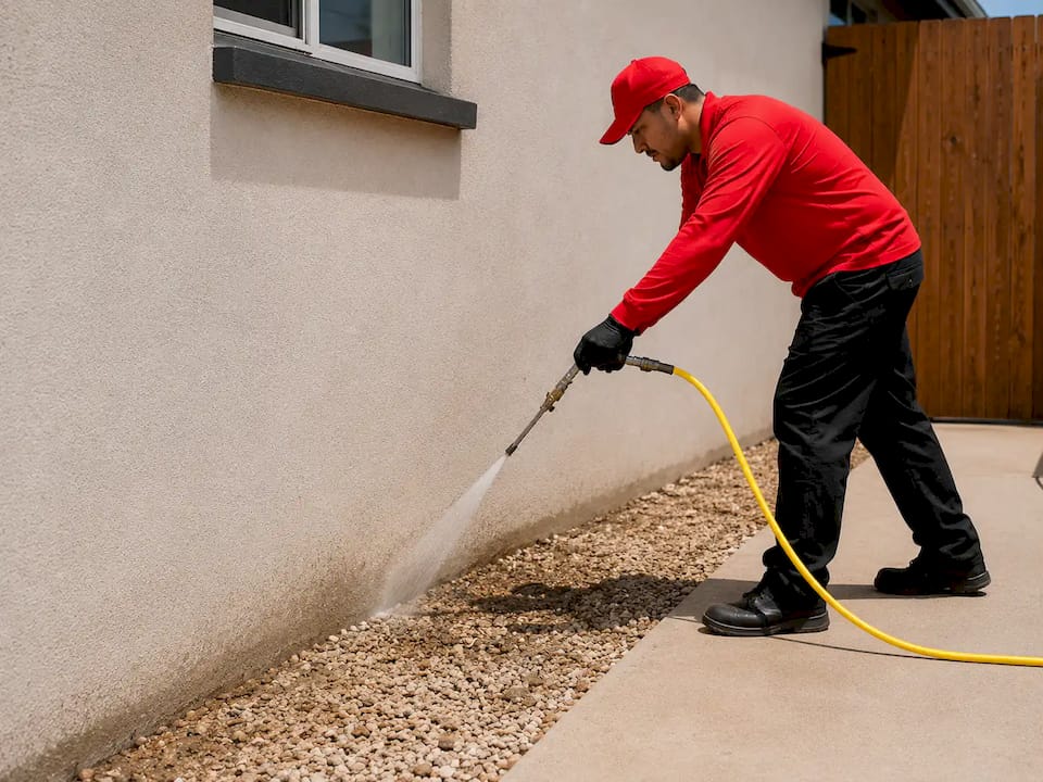 Arsenal Pest Control technician applying a liquid termite treatment along a home's foundation in Queen Creek, Arizona.