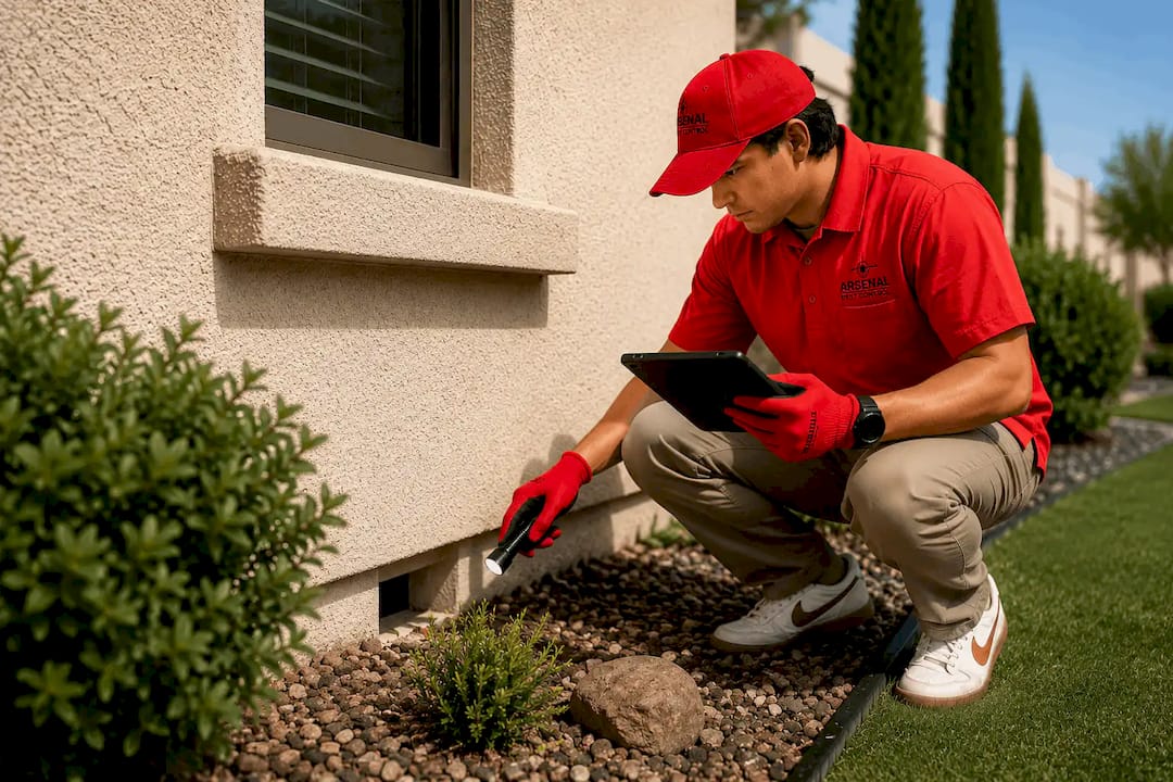 Arsenal Pest Control technician performing a residential pest inspection at a home in Queen Creek, Arizona.