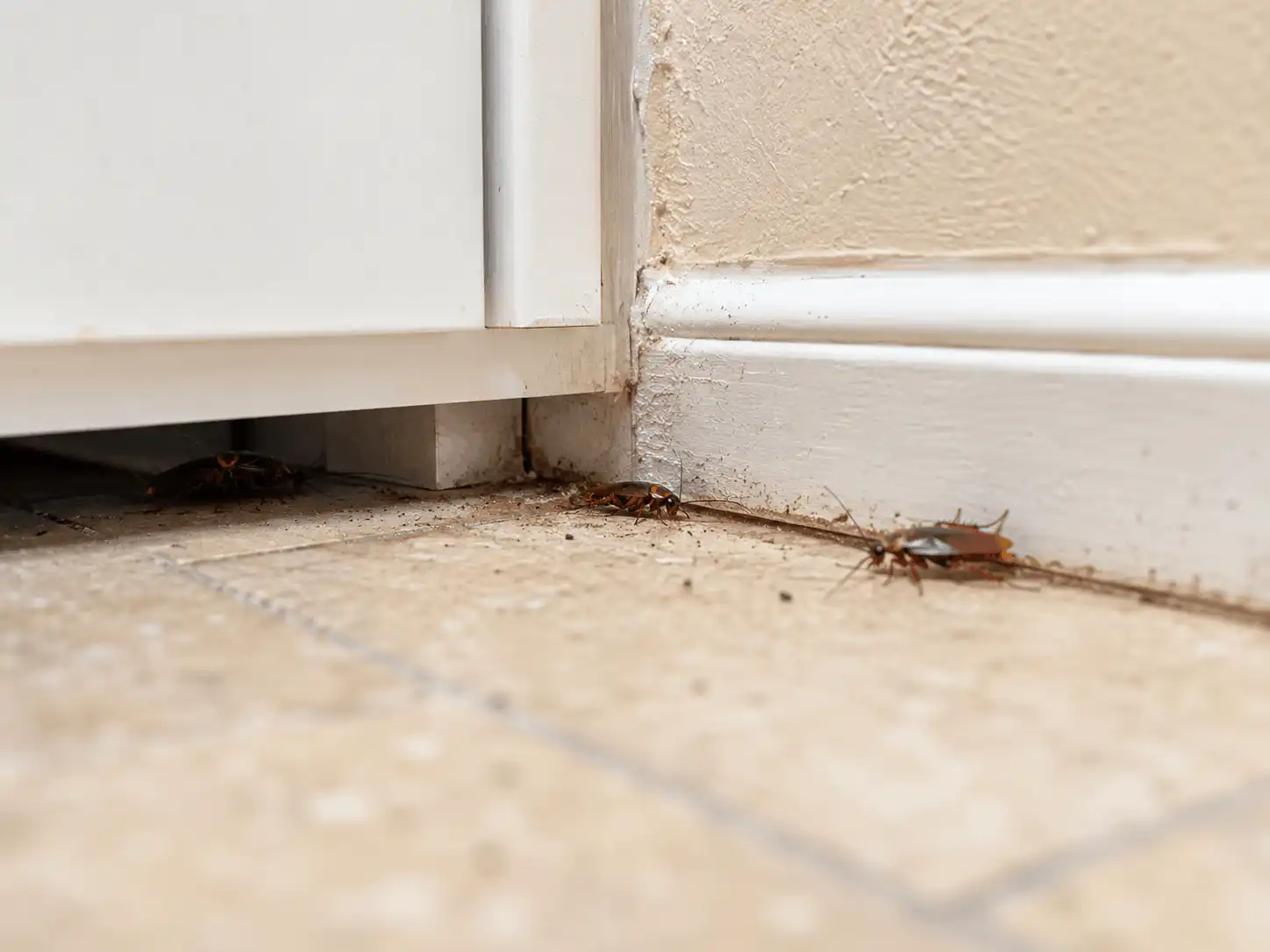 Two brown cockroaches scuttle along a dusty tile floor near a white cabinet baseboard in a kitchen corner.