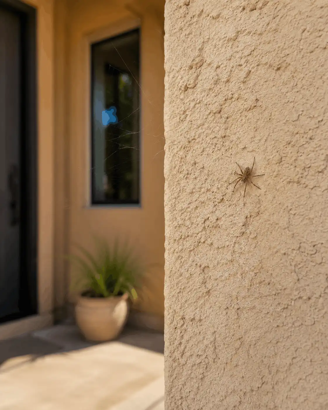 A spider perched on a light beige stucco wall near an outdoor doorway and potted plant in the background, daytime.