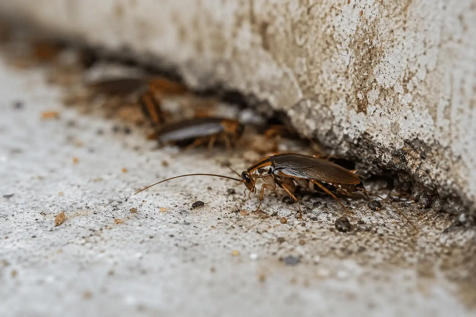 Brown cockroach with long antennae on a rough concrete surface beside a wall.