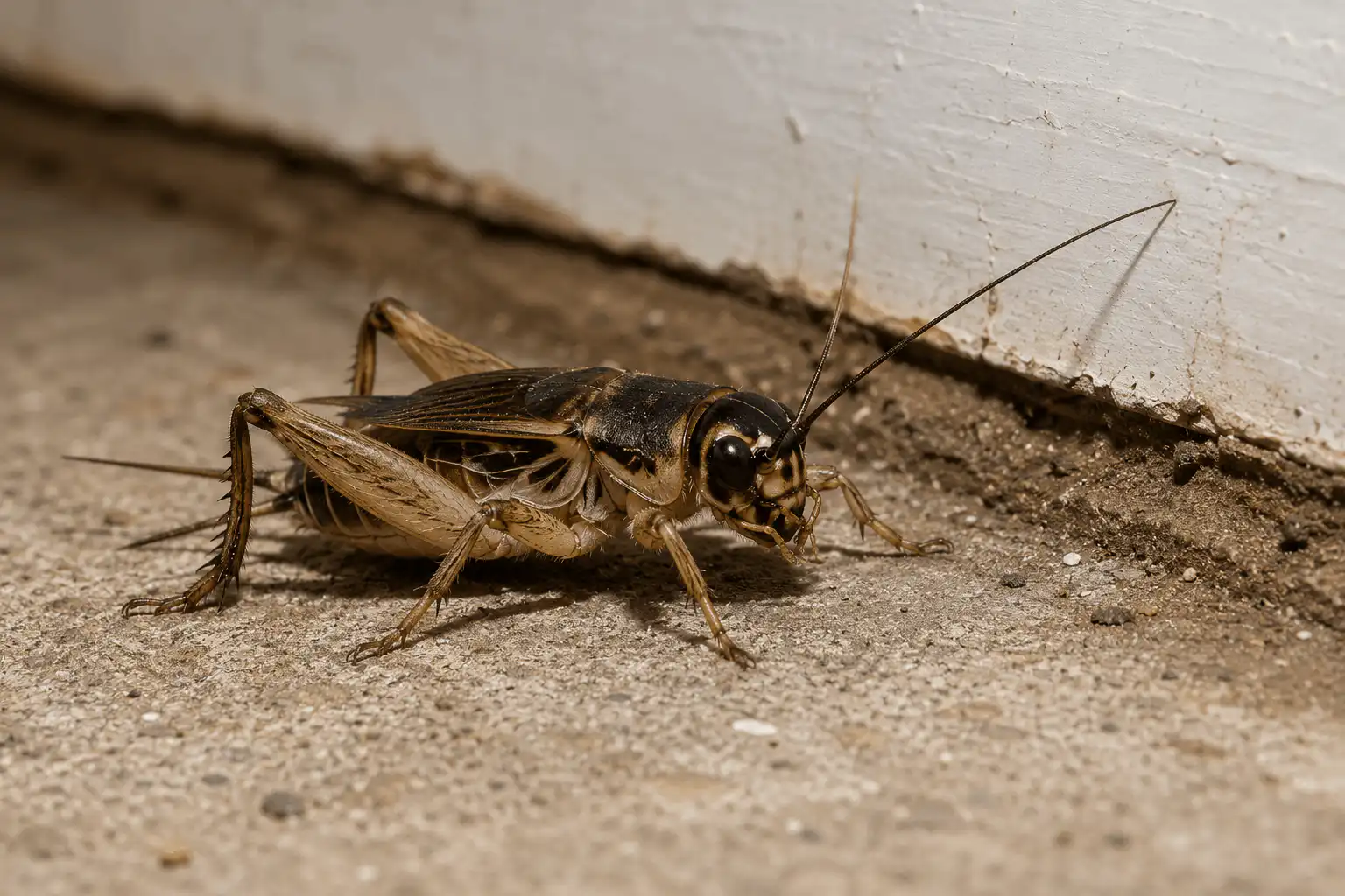 Camel cricket on a rough concrete floor beside a white wall, showing long hind legs and antennae.