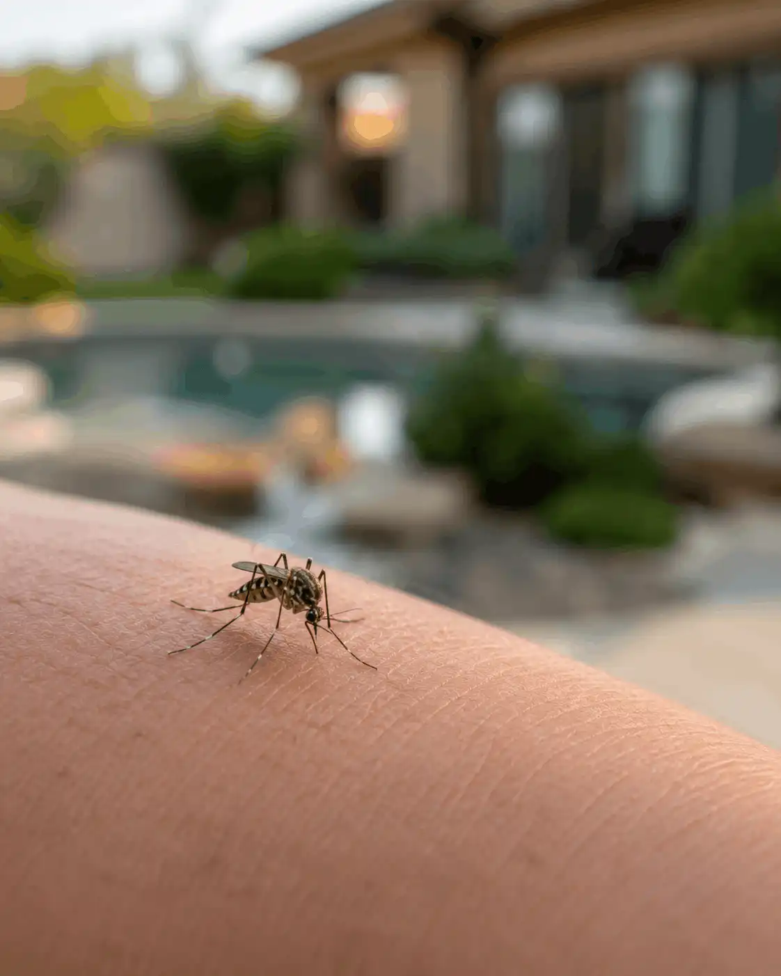 Close-up of a mosquito perched on bare skin outdoors with a blurred garden background behind it.