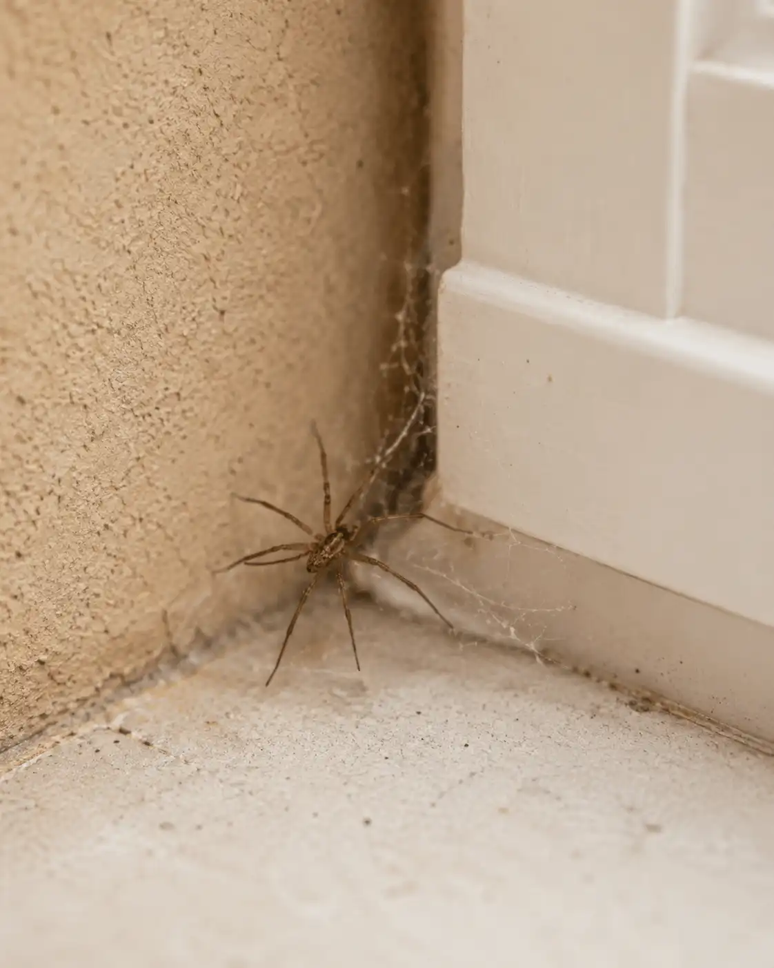 Brown spider in a corner by the baseboard, its long legs spread as a small web clings to the wall and floor.