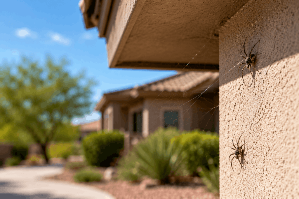 Two large spiders on a beige stucco wall with a web between them, in a sunny suburban yard scene.