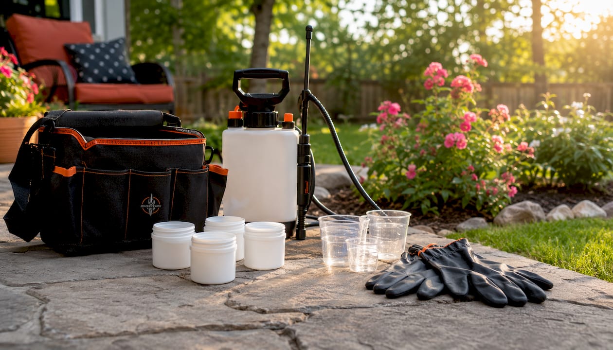 Larval control tools on garden table overhead