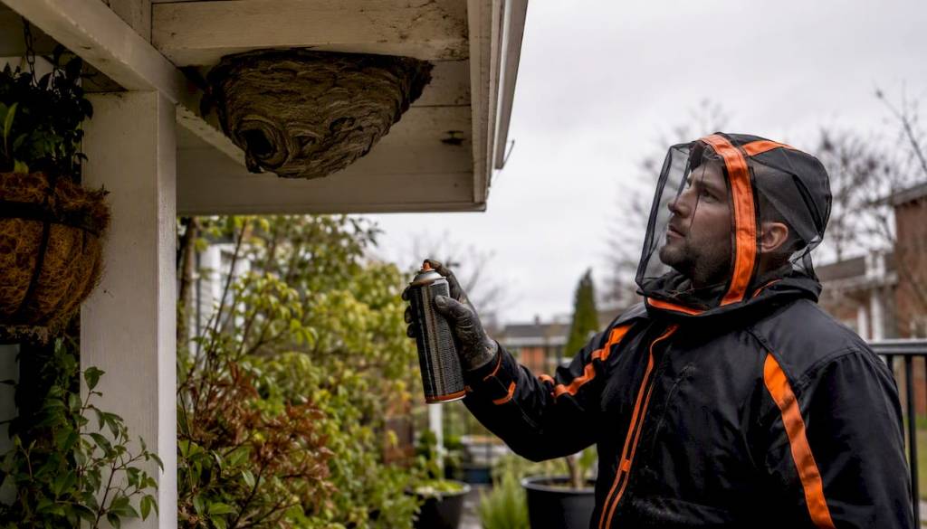 Technician safely removing wasp nest outside home