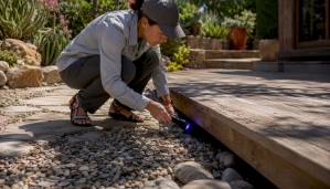 Homeowner inspecting house foundation with UV light