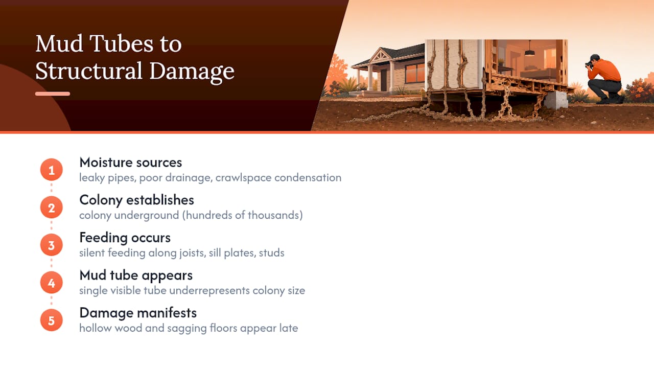 Diagram linking termite colony size, mud tubes, wood damage, and moisture