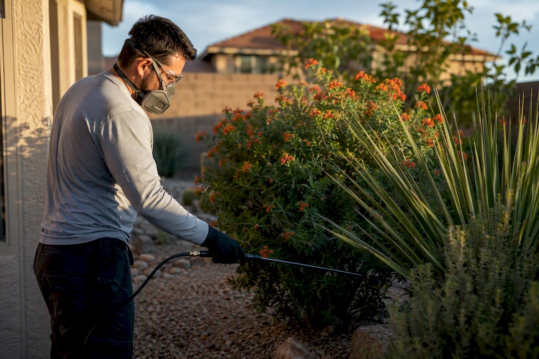 Technician spraying pest control pesticide outdoors