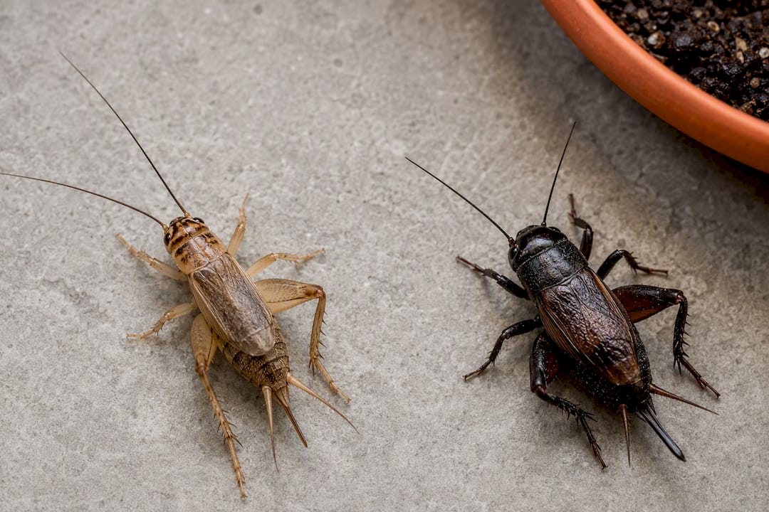 Tan and dark crickets shown for identification
