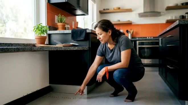 Homeowner inspecting pest infestation indoors