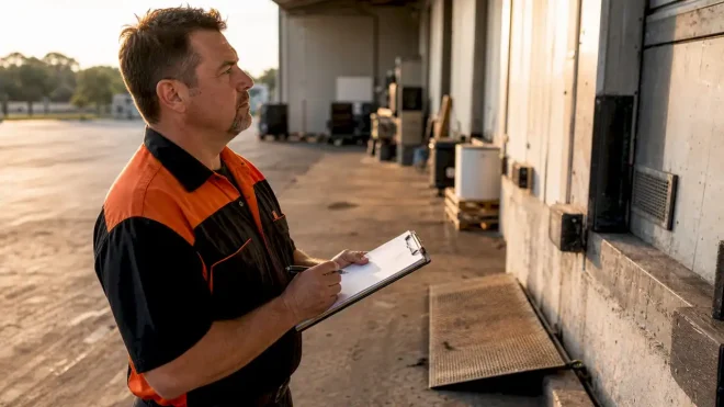 Technician inspecting commercial property exterior
