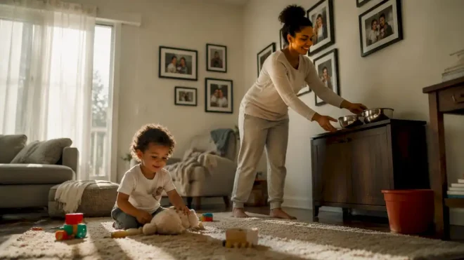 Mother and toddler preparing kitchen for pest control