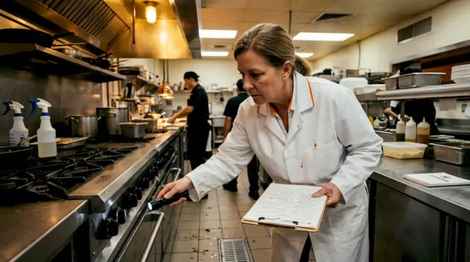 Inspector examining commercial kitchen for pests