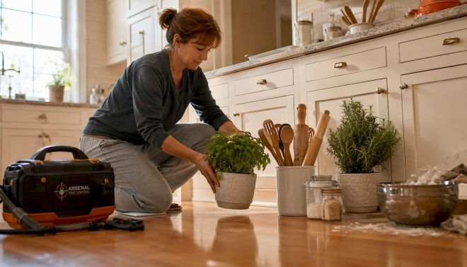 Woman clearing living room baseboards for pest inspection